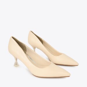 Giày cao gót nữ da trơn gót phối mica TH-2 kem