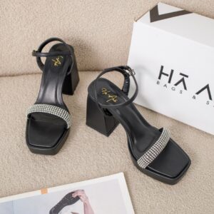Sandal cao gót nữ đế đúp quai đính đá HA.2 đen