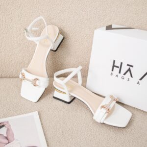 Sandal Cao Gót Nữ Mũi Vuông Khóa Xoàn HA.3 Trắng