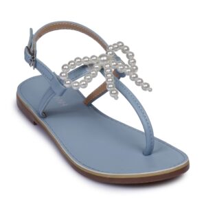 Sandal bệt quai kẹp nơ ngọc trai N-9 Xanh