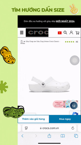 Ảnh chụp màn hình phần mô tả sản phẩm trên website Crocs, nơi cung cấp thông tin chi tiết và gợi ý chọn size