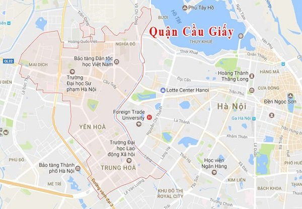 Bản đồ Quận Cầu Giấy Hà Nội thể hiện khoảng cách đến Hồ Tây