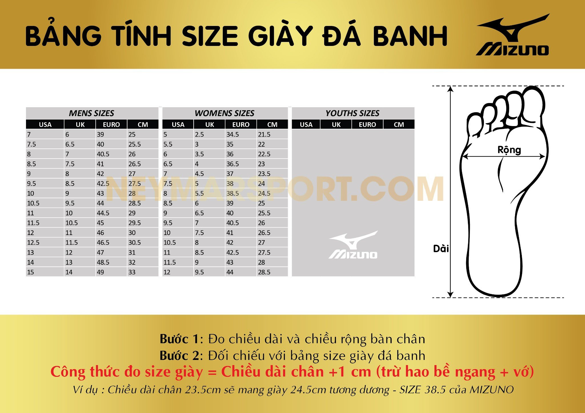 Bảng chuyển đổi size giày bóng đá Mizuno chuẩn xác theo chiều dài bàn chân