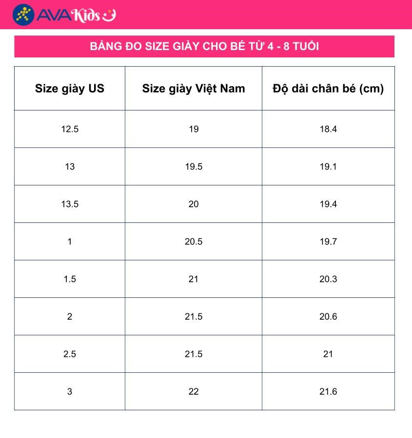 Bảng đo size giày trẻ em từ 4 - 8 tuổi