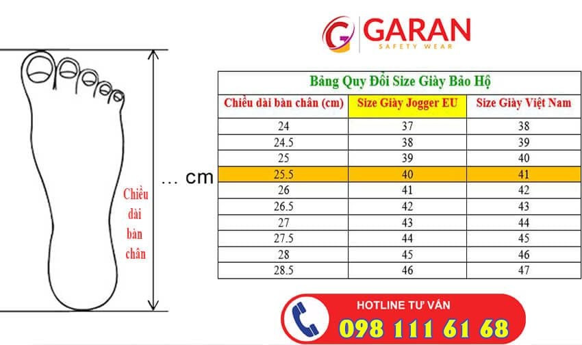 Bảng hướng dẫn chọn size giày bảo hộ King Power chi tiết, giúp người dùng dễ dàng tìm được kích cỡ phù hợp
