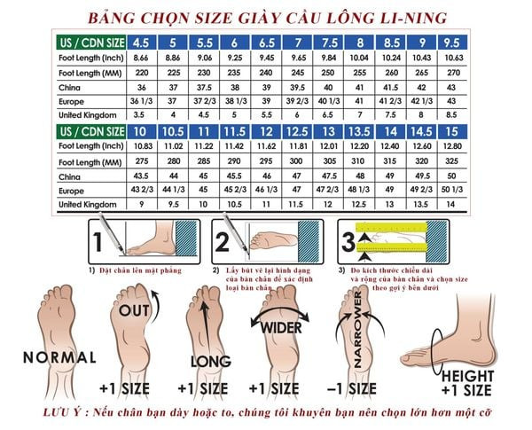 Bảng hướng dẫn chọn size giày cầu lông nữ tiêu chuẩn