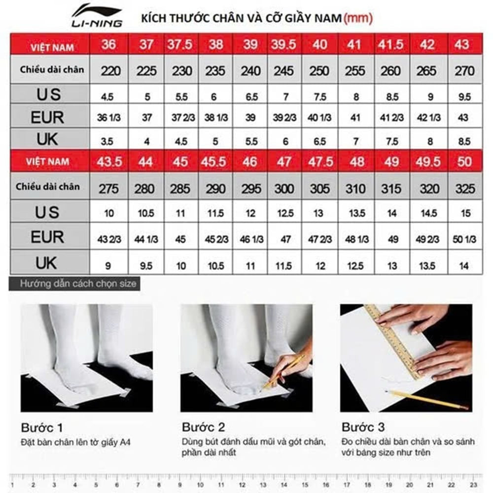 Bảng hướng dẫn chọn size giày nam Li-Ning