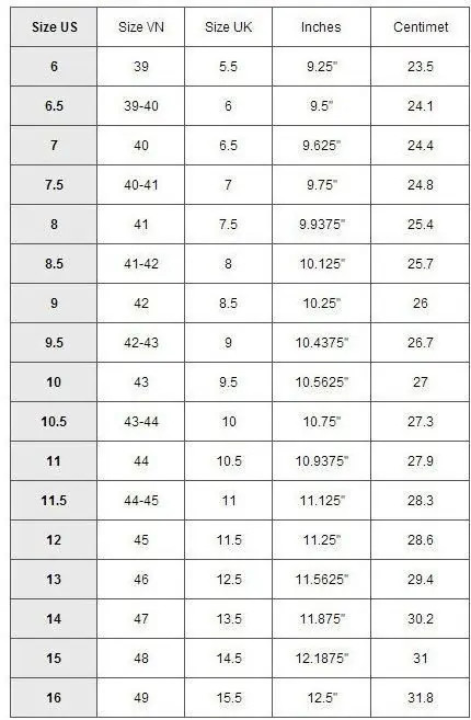 Bảng kích thước giày nam Adidas quốc tế