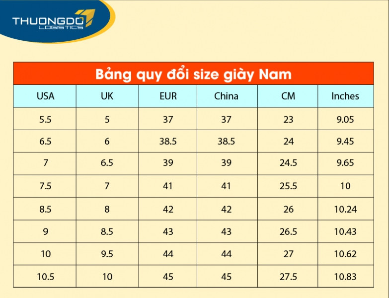 Bảng kích thước giày Trung Quốc dành cho nam