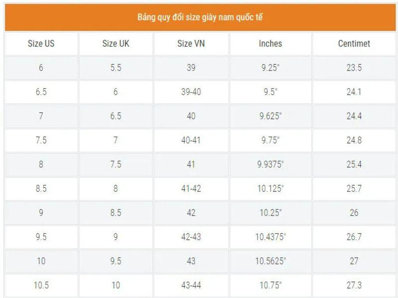 Bảng quy đổi chi tiết size giày nam số 8 US sang các kích cỡ Việt Nam và Châu Âu, hỗ trợ việc chọn cỡ giày chuẩn.
