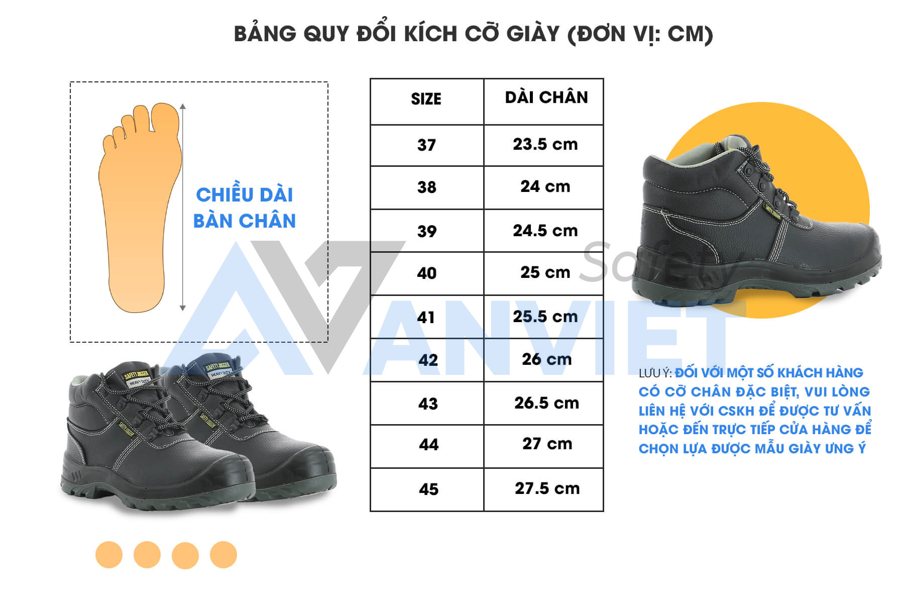 Bảng quy đổi kích cỡ giày bảo hộ lao động chống dập ngón chuẩn xác