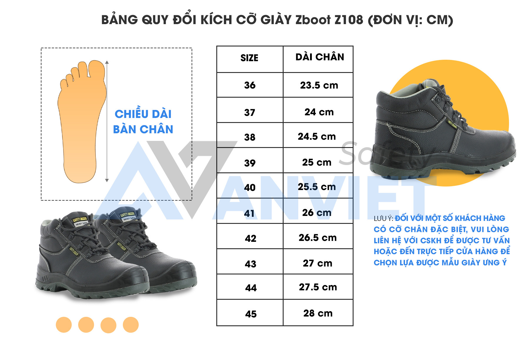 bảng quy đổi kích cỡ giày bảo hộ lao động mũi thép tiêu chuẩn
