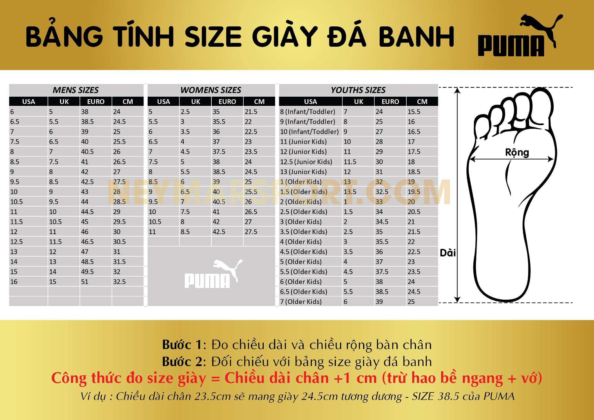 Bảng quy đổi kích cỡ giày đá bóng Puma theo chiều dài chân và các hệ thống size quốc tế
