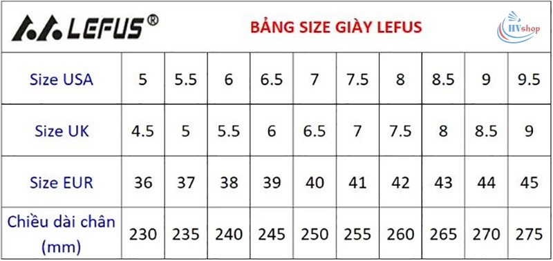 Bảng quy đổi kích cỡ giày Lefus theo chuẩn quốc tế EUR, US, UK