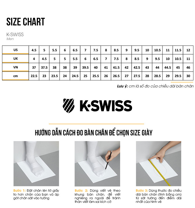 Bảng quy đổi kích thước giày K-Swiss cho nam, giúp người dùng chọn size chuẩn theo chiều dài bàn chân