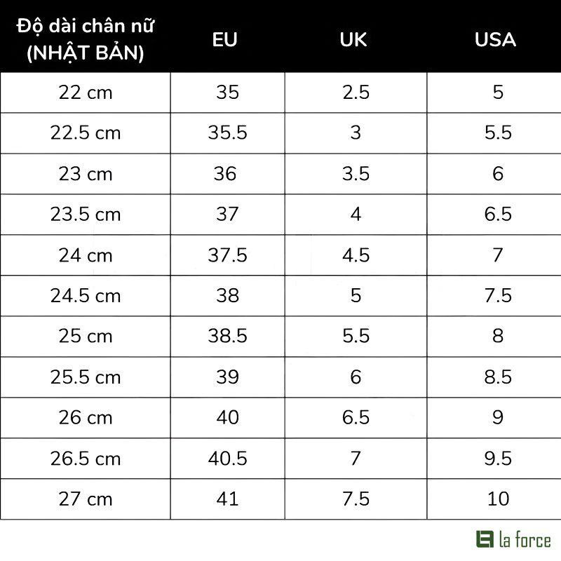 Bảng quy đổi kích thước giày Reebok nữ theo chuẩn Nhật