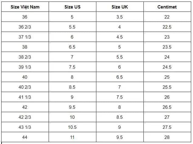 Bảng quy đổi size giày Adidas nữ quốc tế