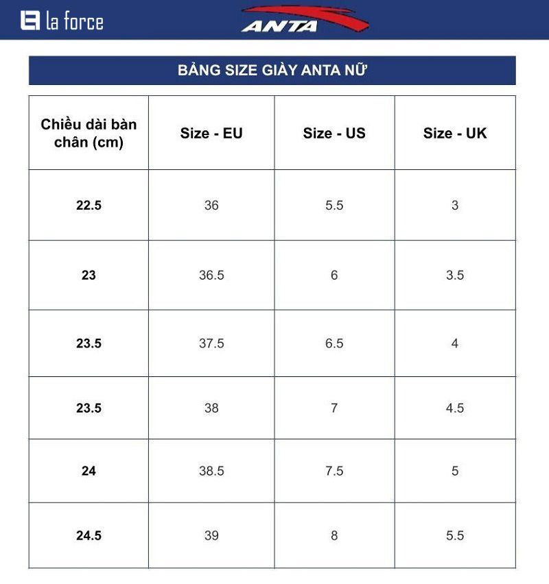 Bảng quy đổi size giày Anta nữ chi tiết theo các hệ thống đo lường