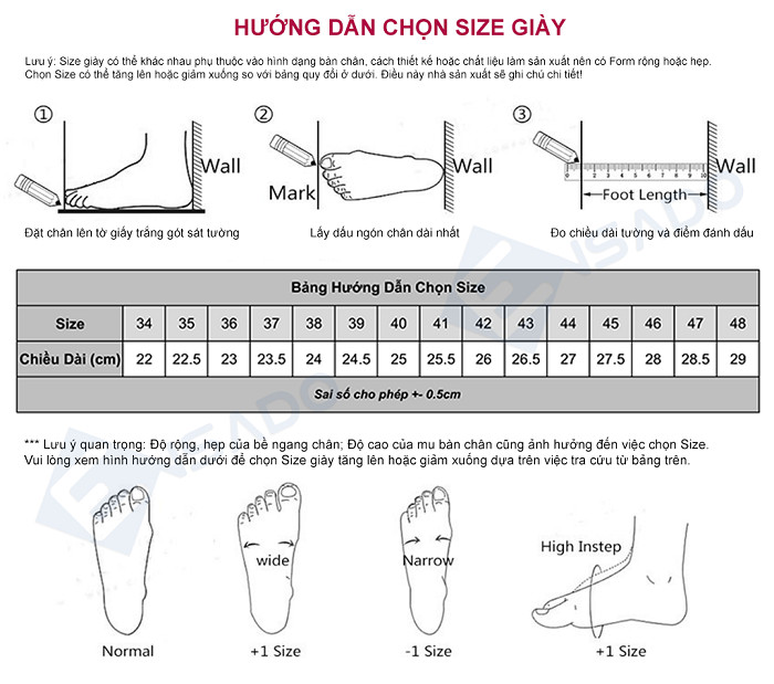 Bảng quy đổi size giày cao gót theo kích thước chiều dài bàn chân