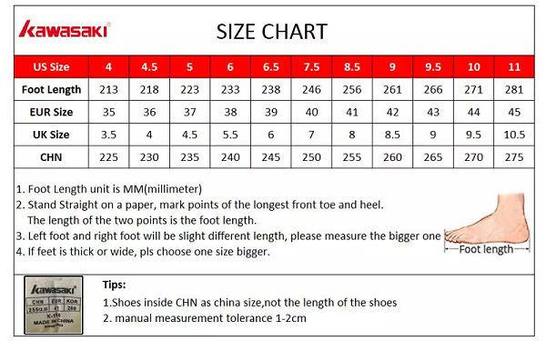 Bảng quy đổi size giày cầu lông Kawasaki
