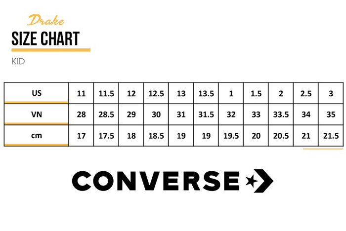 Bảng quy đổi size giày Converse dành cho trẻ em với các kích cỡ đa dạng