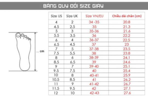 Bảng quy đổi size giày EUR sang Việt Nam và các hệ thống khác giúp bạn chọn cỡ giày chính xác.