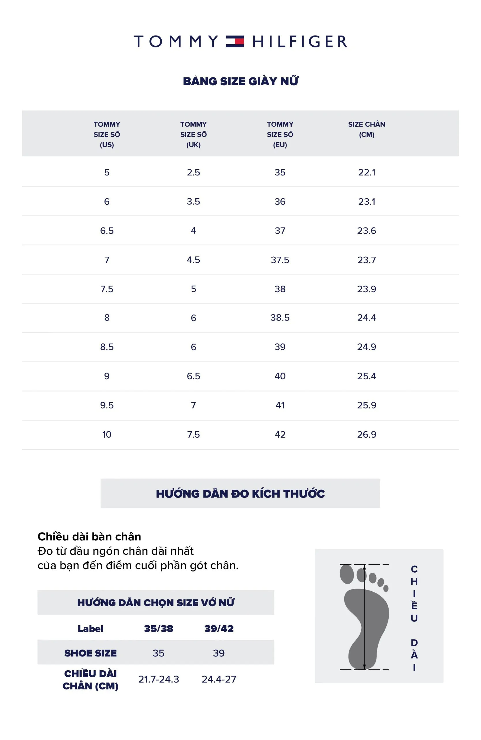 Bảng quy đổi size giày nữ Tommy Hilfiger theo chuẩn quốc tế