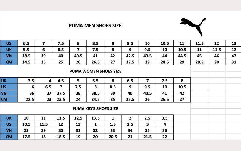 Bảng quy đổi size giày Puma