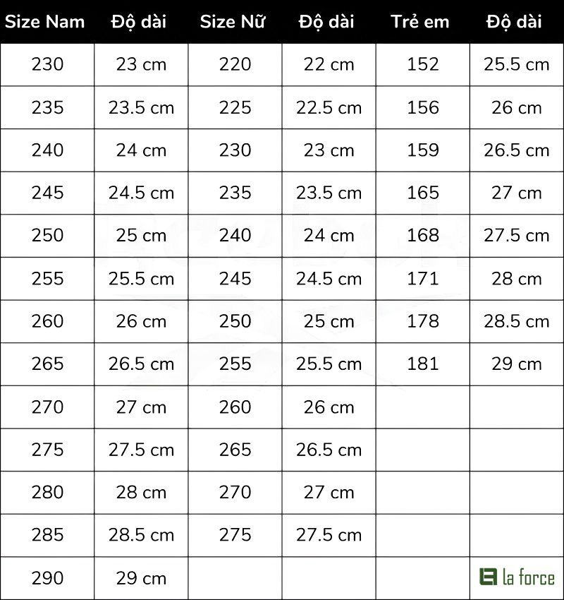 Bảng quy đổi size giày Reebok tại thị trường Hàn Quốc