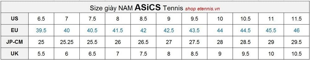 Bảng quy đổi size giày tennis Asics nam