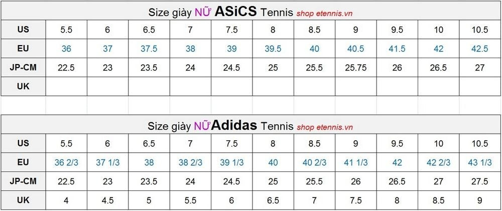 Bảng quy đổi size giày tennis Asics nữ và Adidas nữ