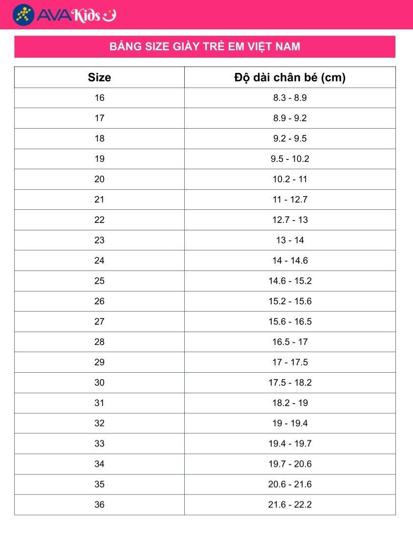 Bảng quy đổi size giày trẻ em Việt Nam, giúp xác định bàn chân dài 18cm đi giày size bao nhiêu.