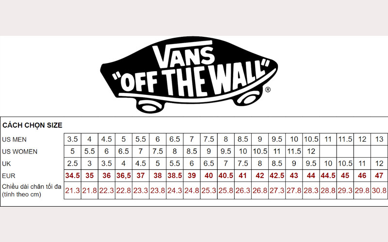 Bảng quy đổi size giày Vans
