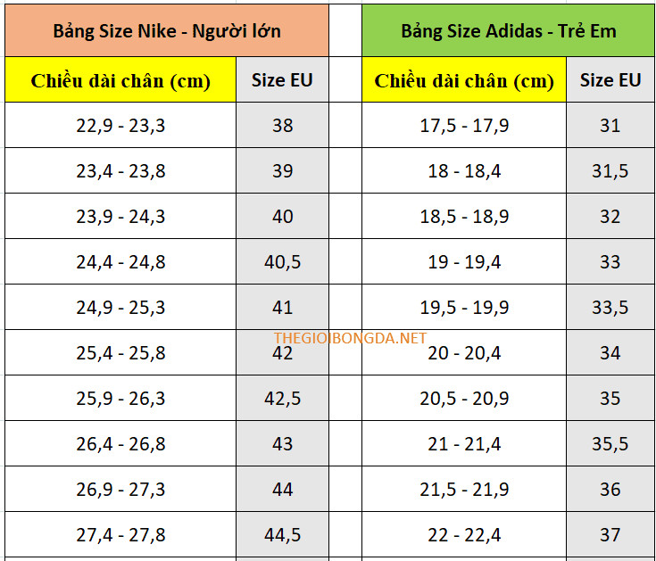 Bảng size chuẩn giày bóng đá Nike có tại **shop giày bóng đá gần đây**