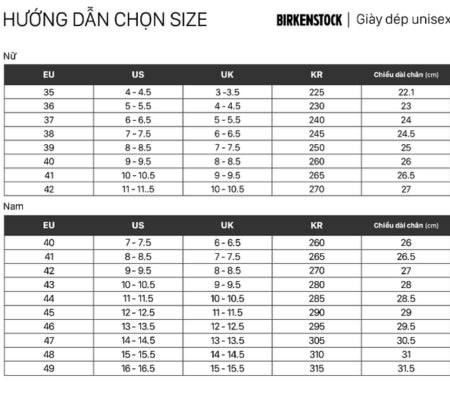 Bảng size dép của thương hiệu Birkenstock, cung cấp hướng dẫn chọn size dép.