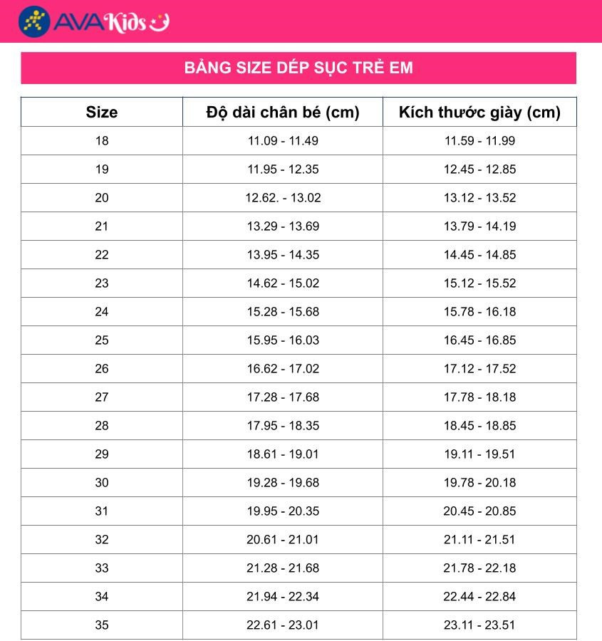 Bảng size dép sục thoải mái cho trẻ em
