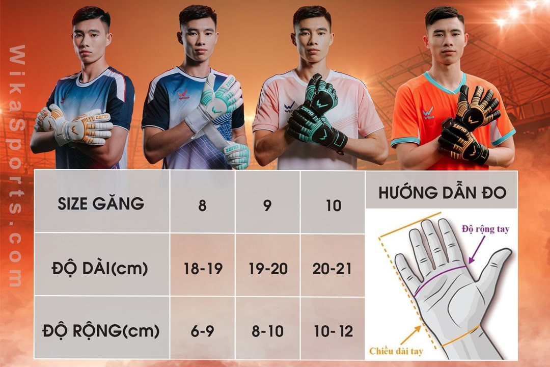Bảng size găng tay thủ môn Wika hiển thị các kích cỡ khác nhau để người chơi dễ dàng lựa chọn theo số đo bàn tay