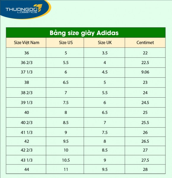 Bảng size giày Adidas cho bé và người lớn