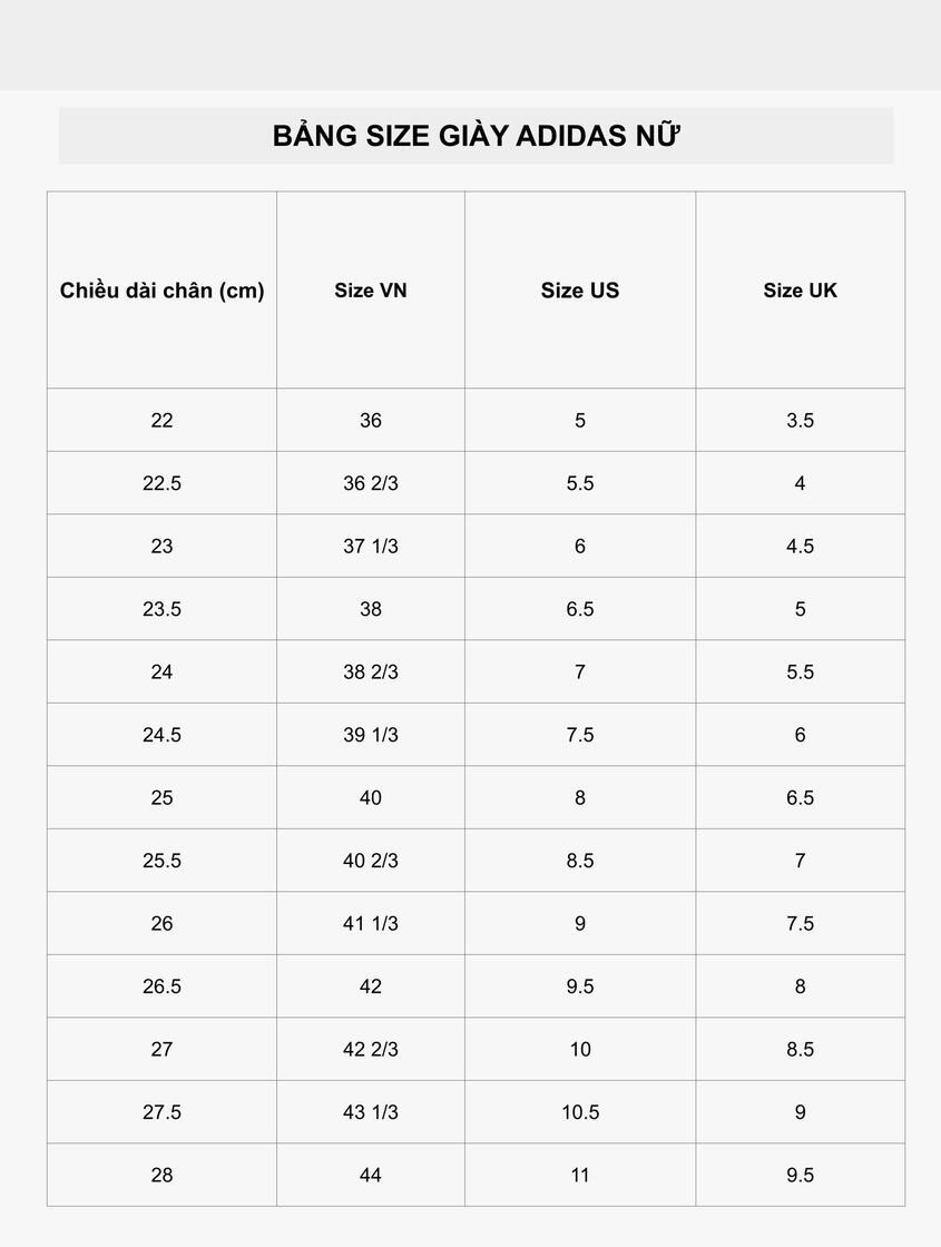Bảng size giày Adidas nữ chi tiết