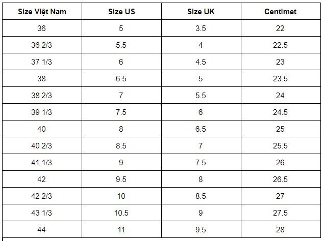 Bảng size giày Adidas nữ với các chỉ số đo theo cm, US, UK, EU