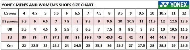 Bảng size giày cầu lông Yonex giúp người dùng dễ dàng chọn kích cỡ phù hợp