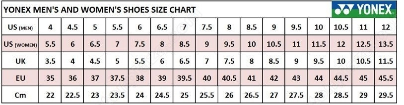 Bảng size giày cầu lông Yonex phù hợp với giày Yonex 220 CR