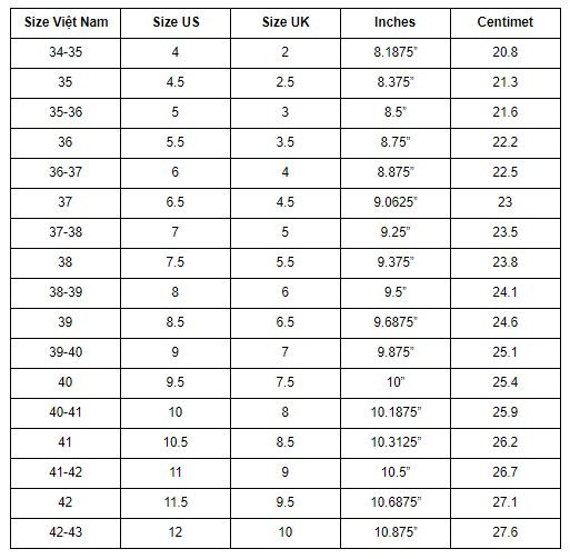 Bảng size giày chuẩn quốc tế, bao gồm size UK, US, EU và Việt Nam, giúp quy đổi kích thước giày chính xác.