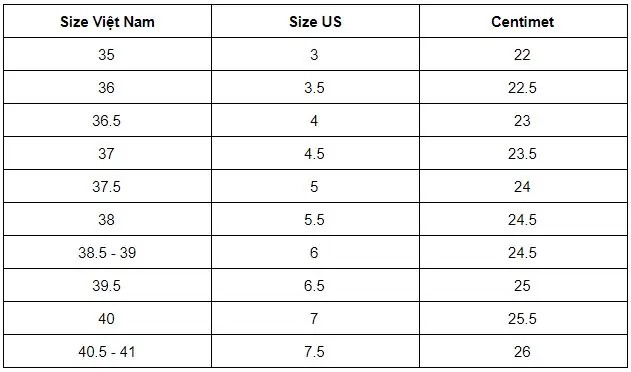 Bảng size giày Converse phổ biến
