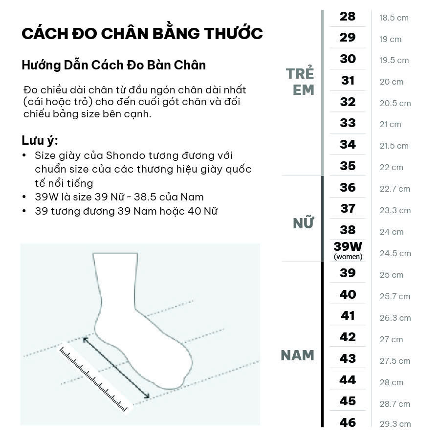 Bảng size giày của thương hiệu Shondo, hữu ích khi mang dép size 42