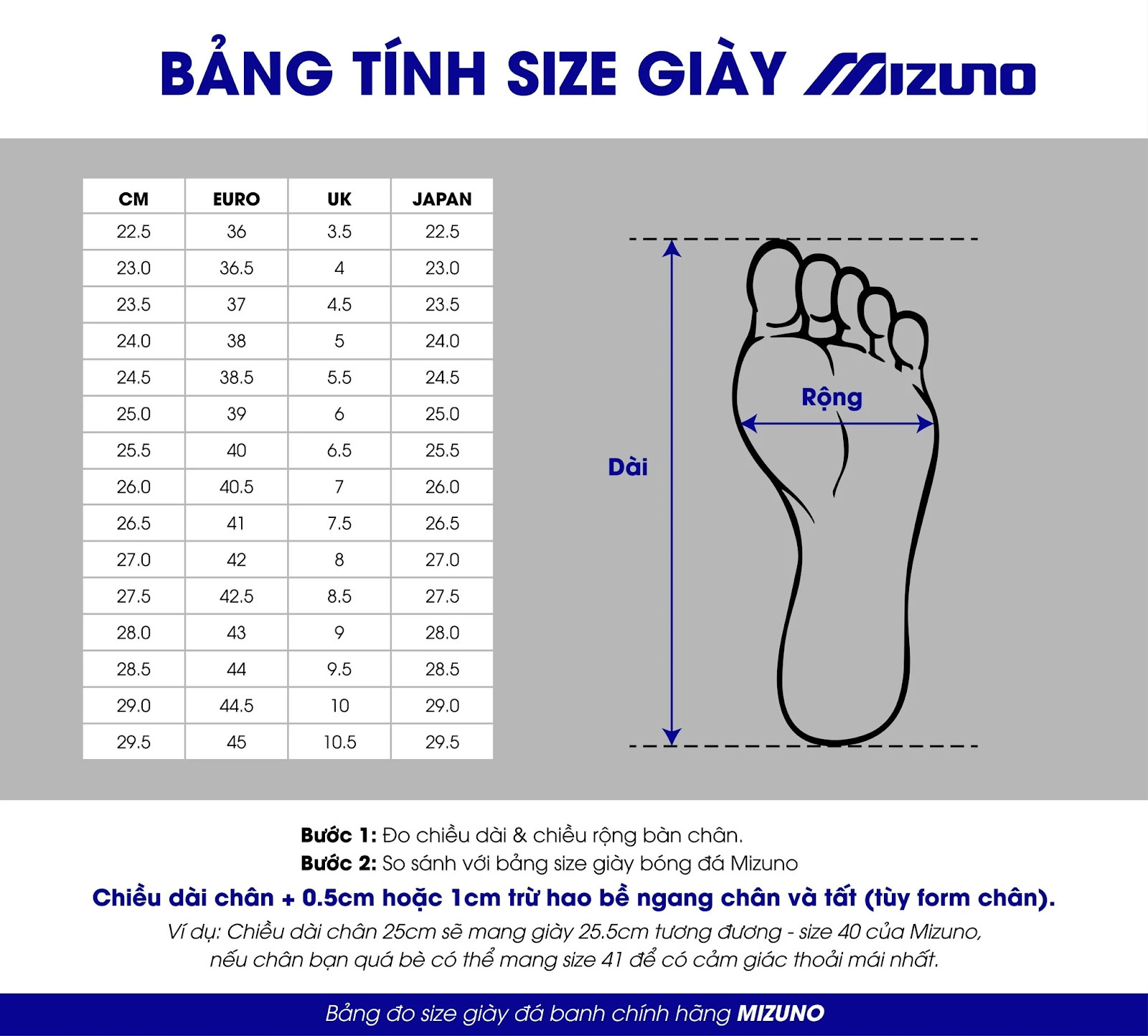 bảng size giày đá bóng Mizuno Monarcida Neo III Select As chuẩn quốc tế