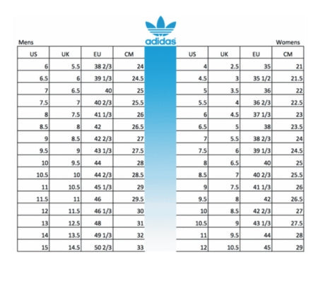 Bảng size giày dép của thương hiệu Adidas, giúp người dùng chuyển đổi kích cỡ giữa giày và dép.