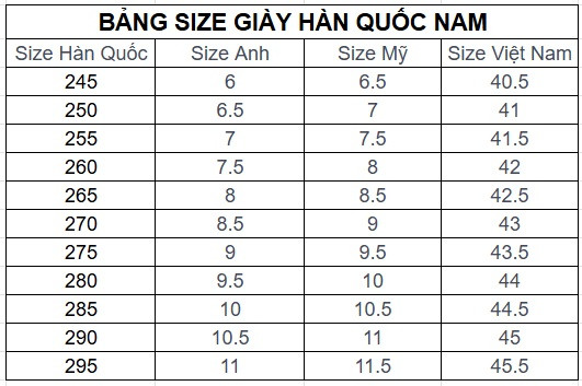 Bảng size giày Hàn Quốc cho nam giới
