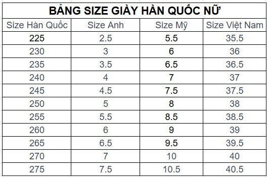 Bảng size giày Hàn Quốc cho nữ giới