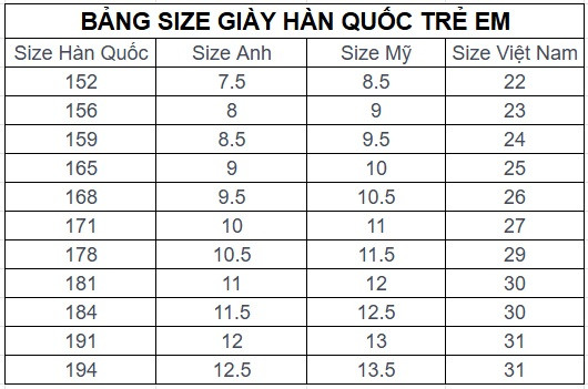 Bảng size giày Hàn Quốc cho trẻ em